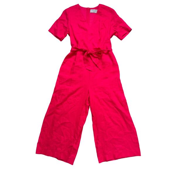 Studio Pants - 100% Linen Sz 8 Hot Pink Wide Leg Jumpsuit with Pockets Belted Natural Fibers
